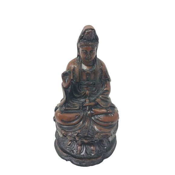 Vintage Guanyin Statue Sitting Lotus Buddha Statue Chinese Resin Etched Decor - Picture 1 of 9